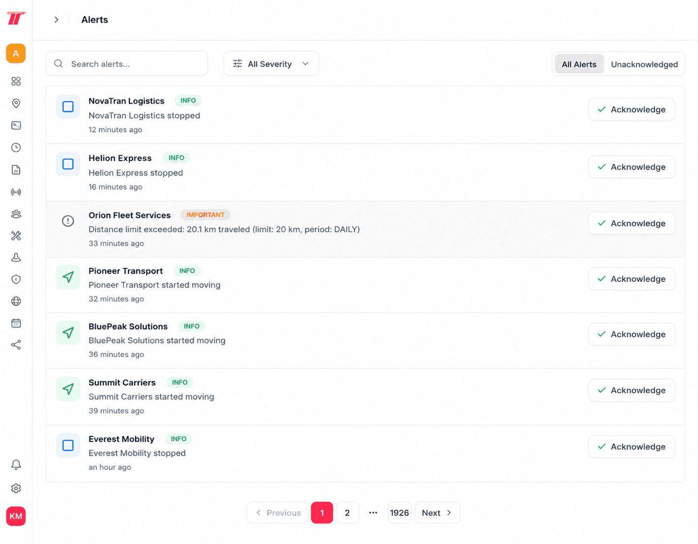 Trackisy alerts screen listing vehicle notifications with severity badges, acknowledge buttons and severity filters