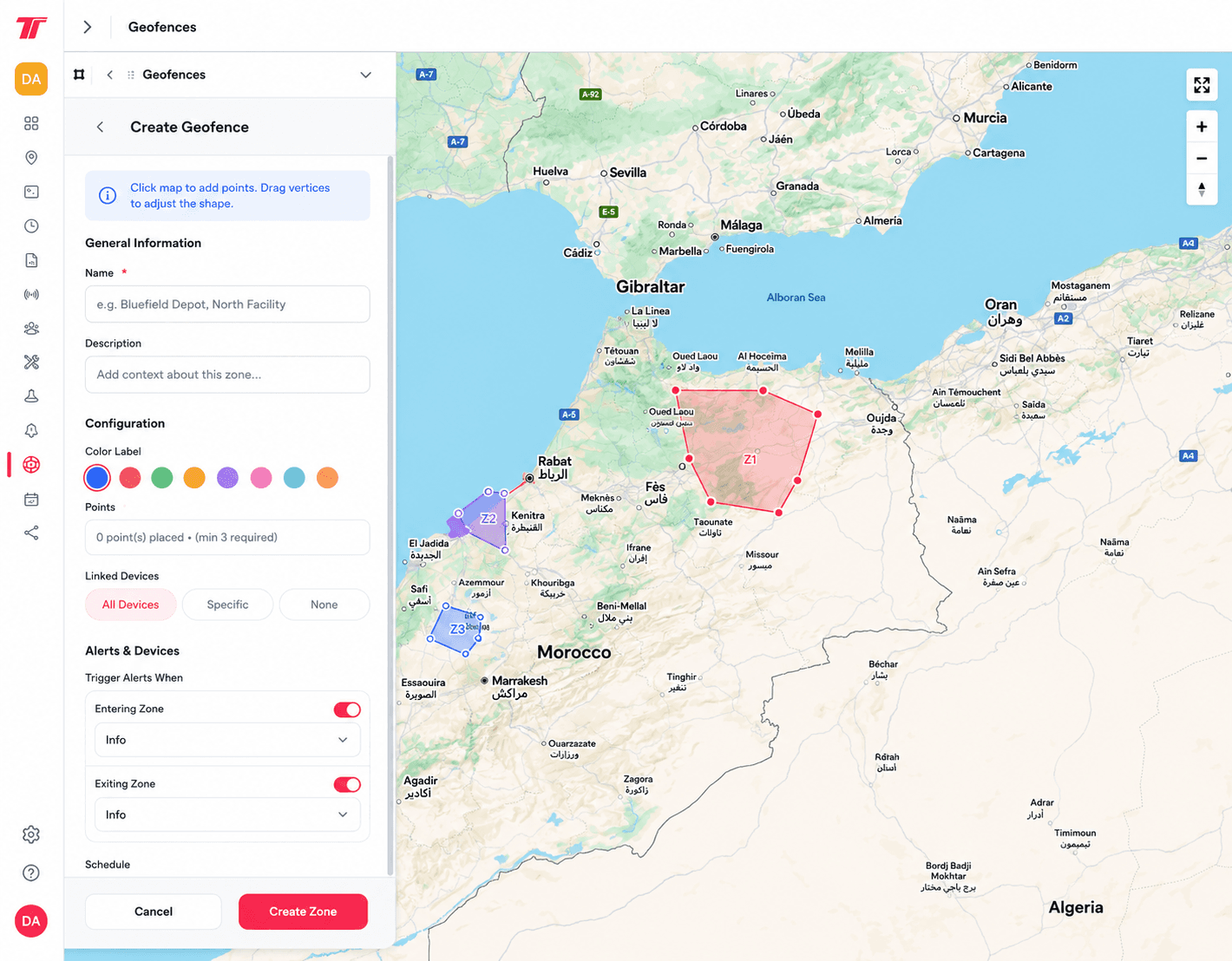 Trackisy geofence editor showing polygon zones drawn on a map of Morocco with color labels, linked devices and entry/exit alert rules