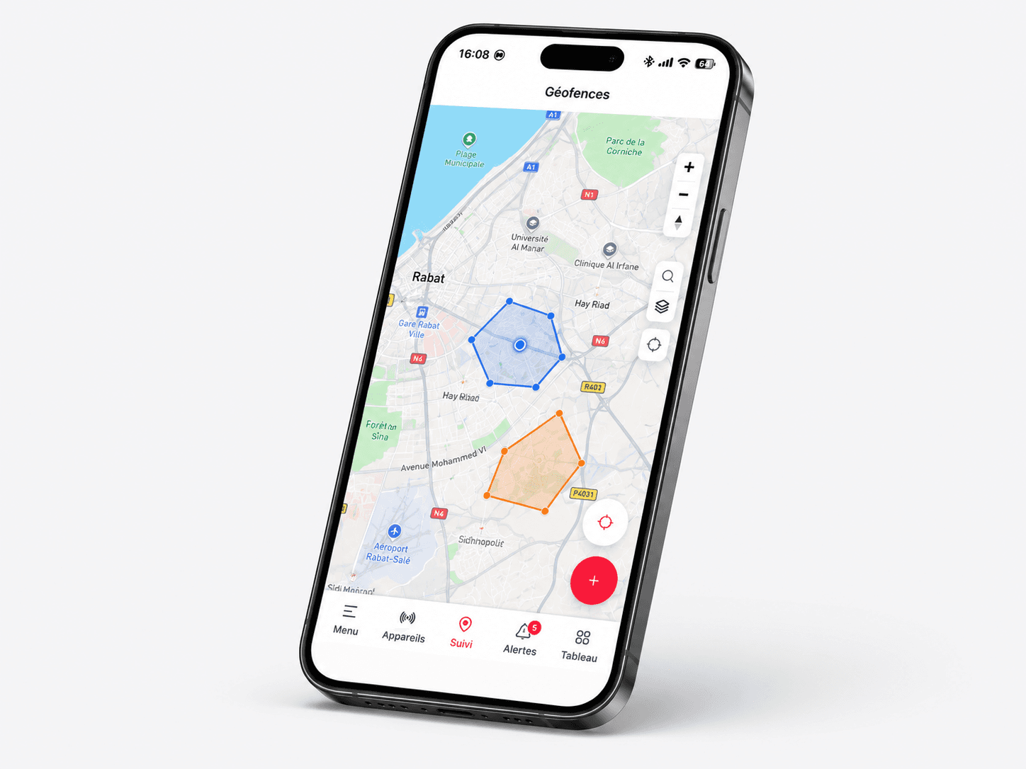 Smartphone running the Trackisy app, showing geofence zones drawn on a map of Rabat with an alerts badge in the navigation bar