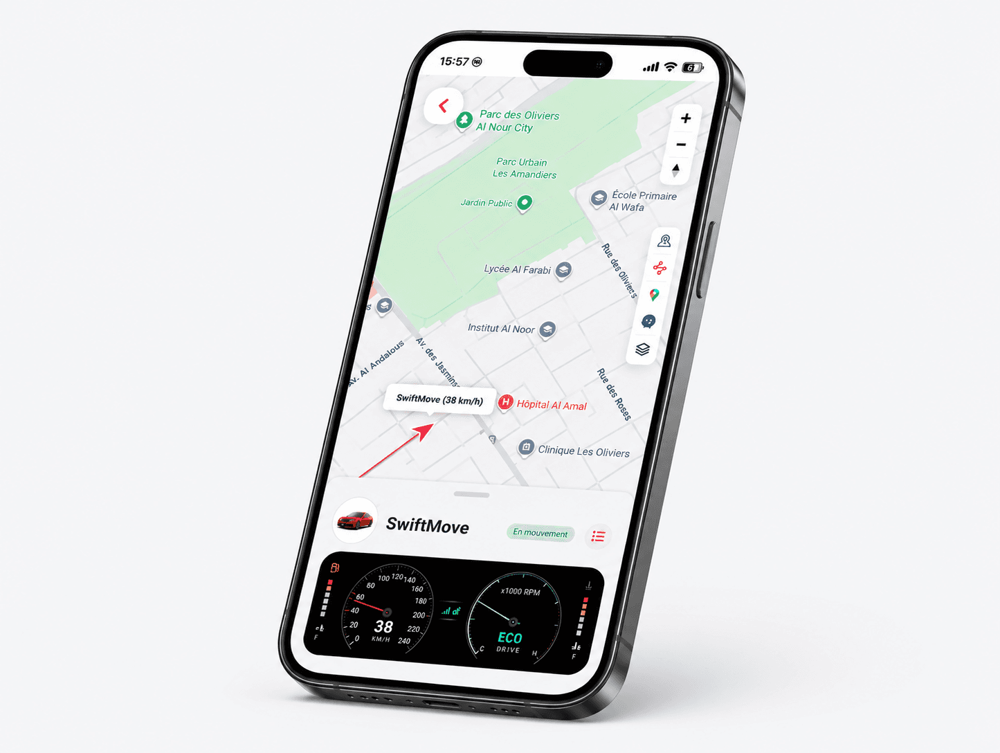 Smartphone running the Trackisy app, showing a vehicle tracked live on a city map with speed and RPM gauges