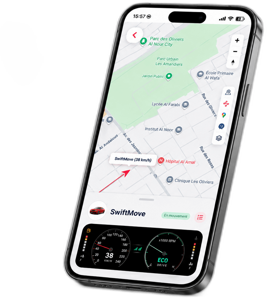 Smartphone avec l'application Trackisy montrant un véhicule suivi en direct sur une carte urbaine avec jauges de vitesse et de régime moteur