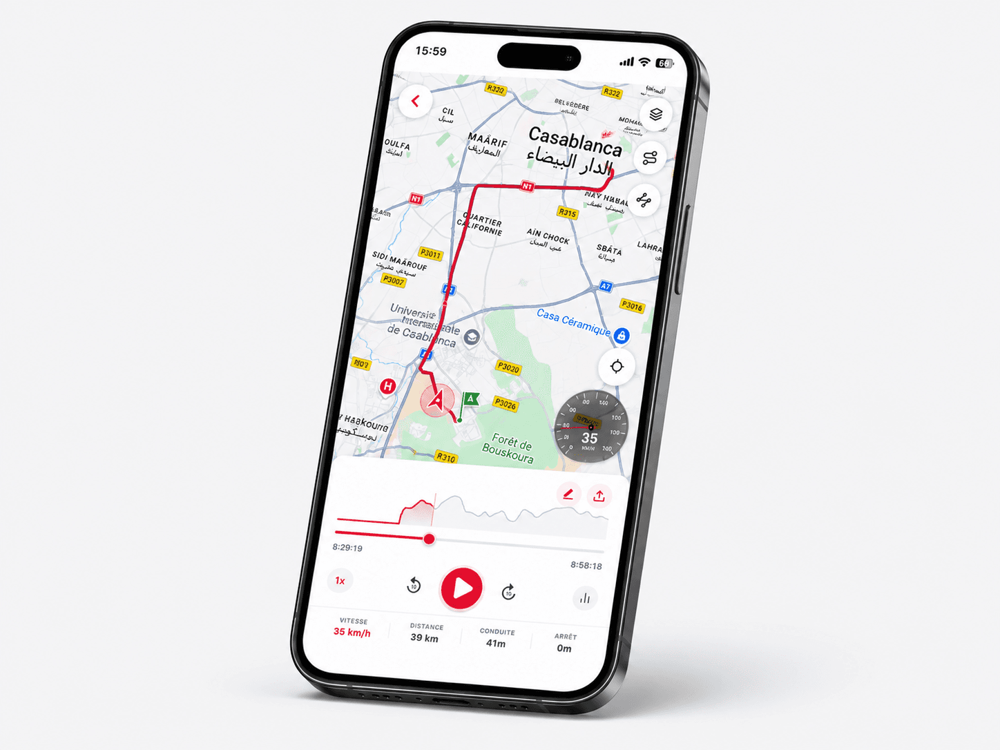 Smartphone running the Trackisy app, showing a recorded trip through Casablanca with speed gauge, elevation chart and playback controls