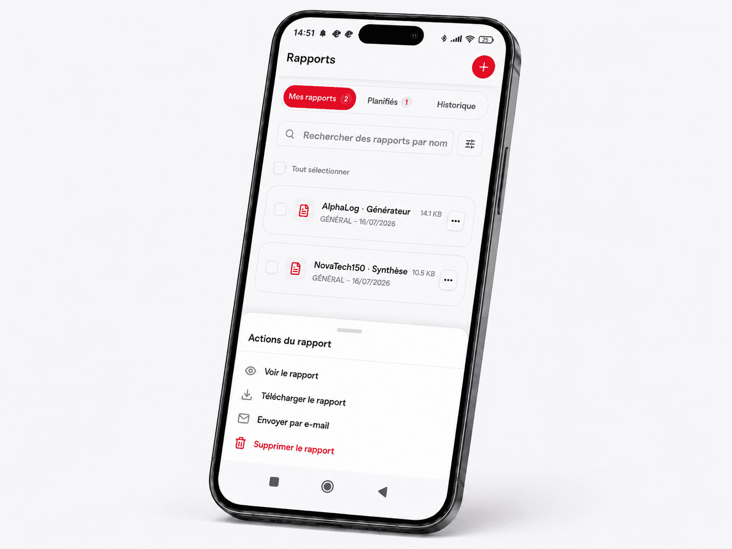 Smartphone running the Trackisy app, showing the reports screen with maintenance, vehicle tracking and fuel reports plus view, download and email actions