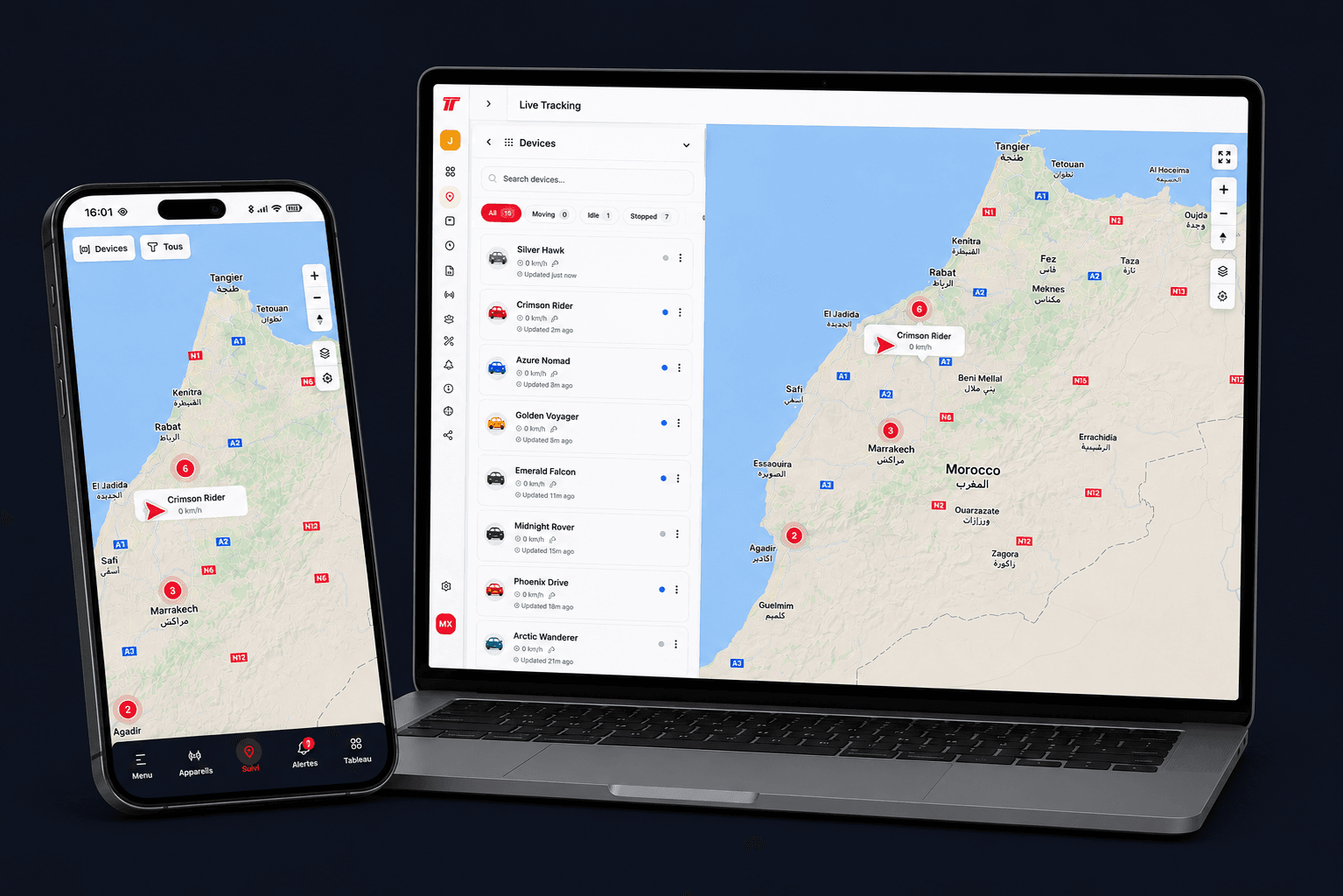 Trackisy white-label dashboard shown on a laptop and a smartphone, with a live fleet map of Morocco and device list ready for rebranding